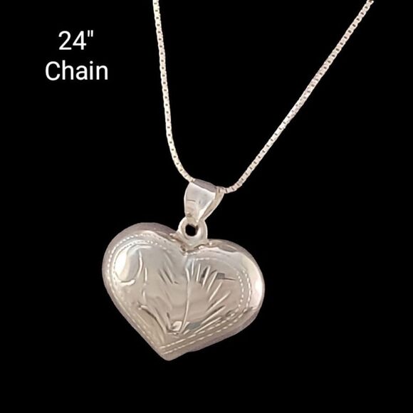 Classic Engraved Sterling Puffy Heart Pendant Necklace - Picture 1 of 6